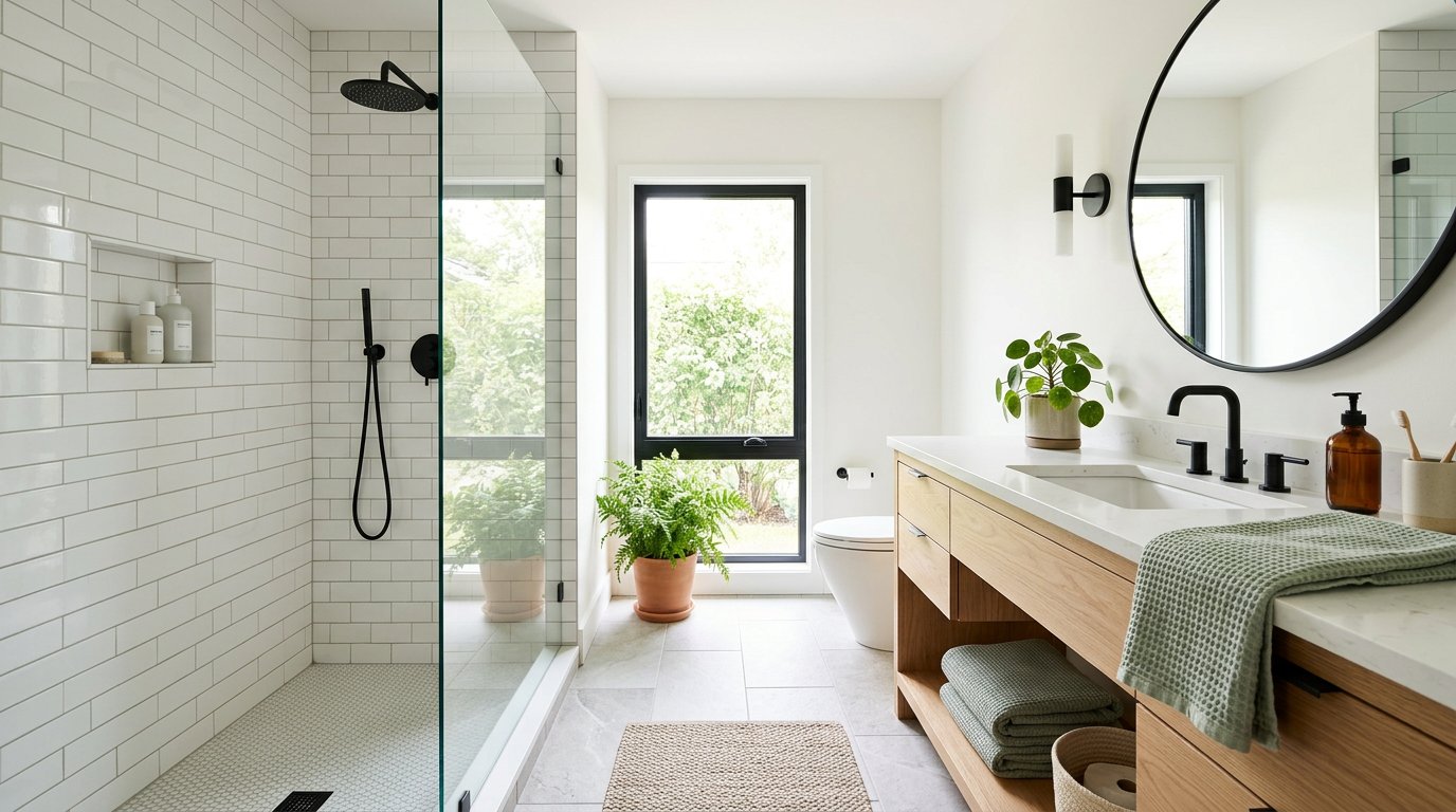 Bright remodeled bathroom with a walk-in glass shower and light wood vanity