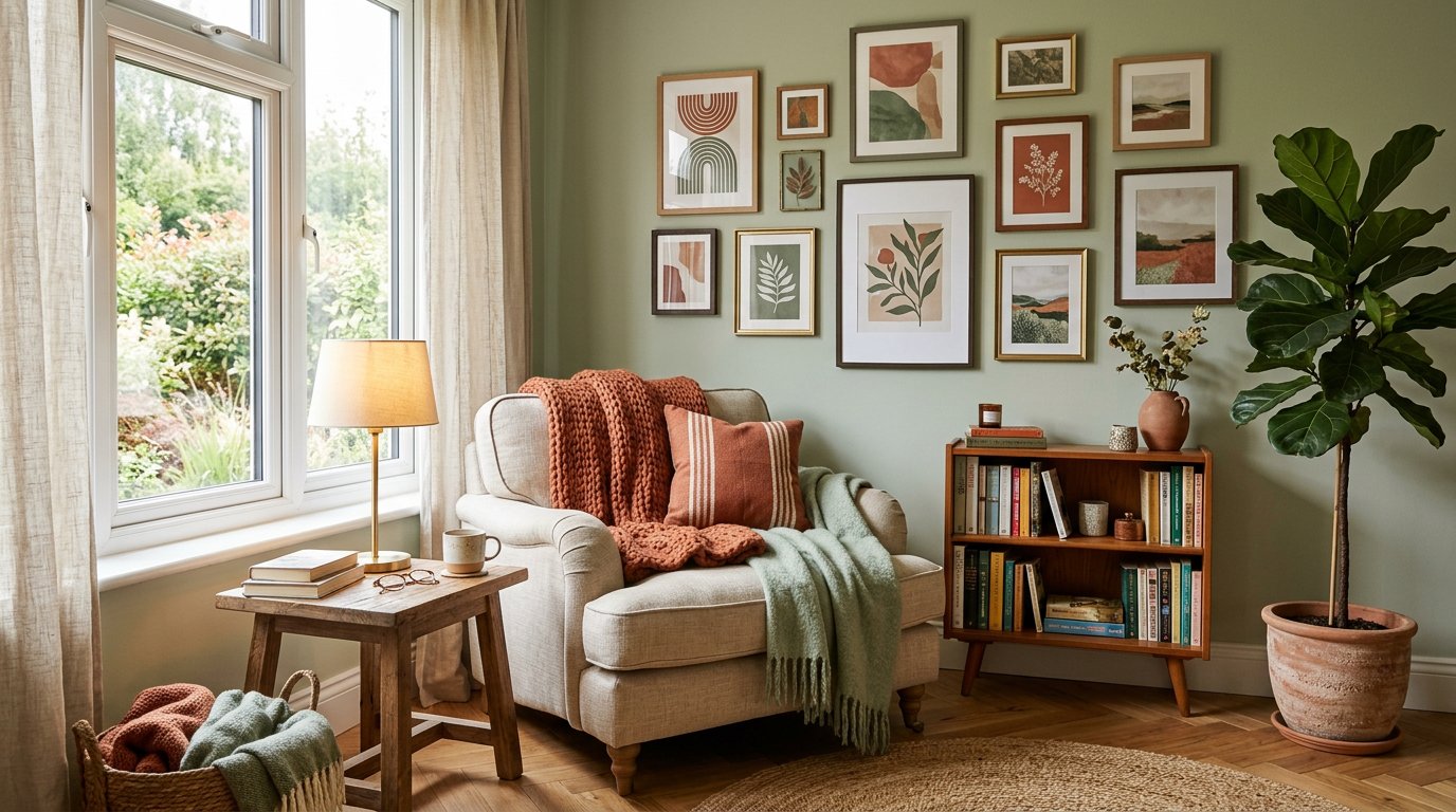 Cozy reading corner with layered textiles, warm lamplight, and a gallery wall