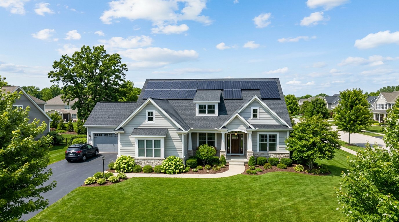 Suburban home with solar panels installed neatly on a clean shingle roof