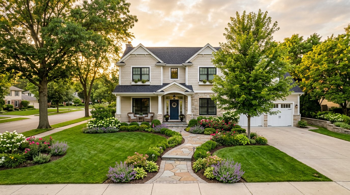 Welcoming Long Island home with a landscaped front garden and path